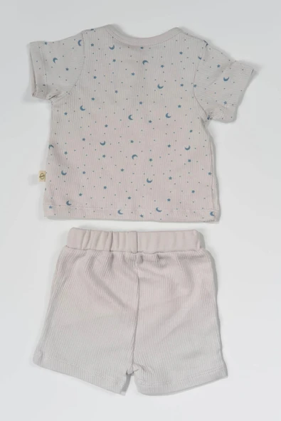 Ay Yıldız Desenli Kısa Kollu Şortlu Takım Mavi-Gri - Resim 2
