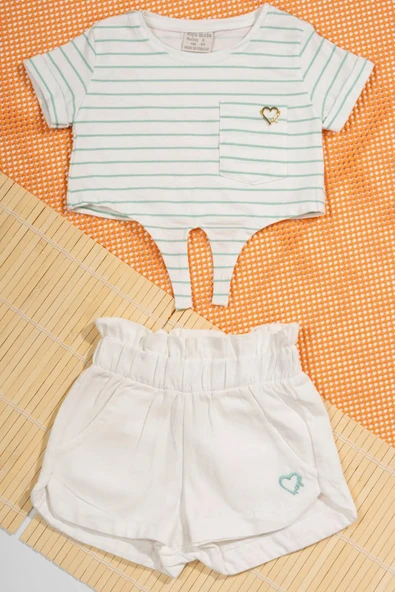 İnce Çizgili Kalp Armalı Body ve Cepli Beyaz Şortlu 2'li Yazlık Bebek Takımı Beyaz ürün görseli 1
