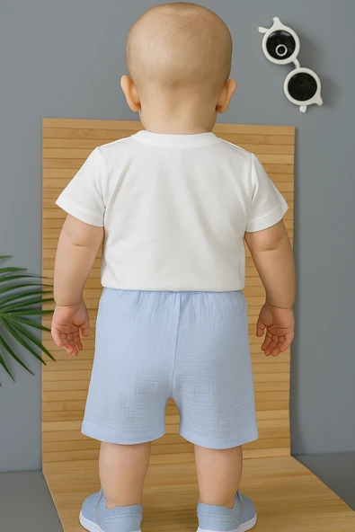 Palmiye Desenli Kısa Kollu Şortlu Takım Mavi - Resim 2