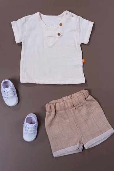 Düğme Detaylı Müslin Erkek Bebek 2'li Yazlık Takım Bej - Resim 2