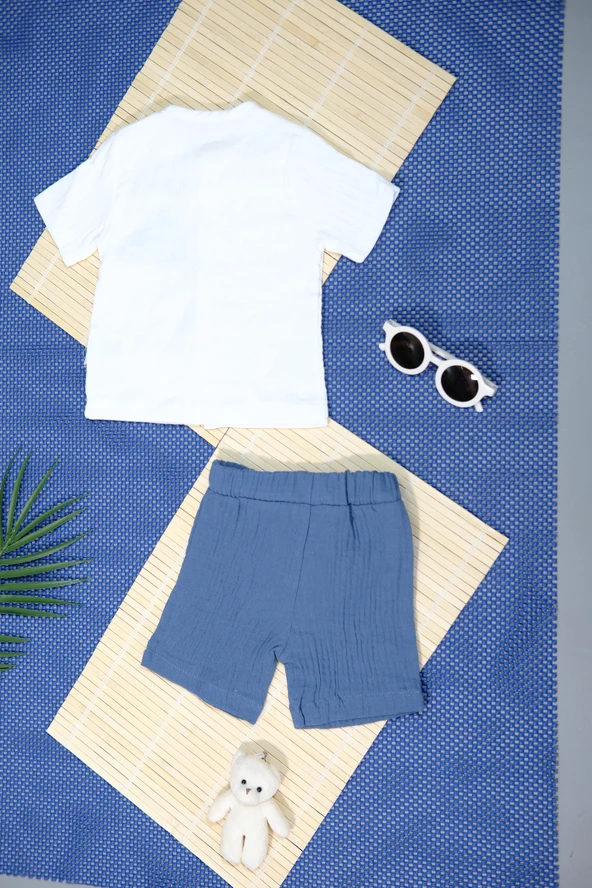 Müslin Ayıcıklı 2'li Erkek Şortlu Takım  Beyaz & Mavi - Resim 2