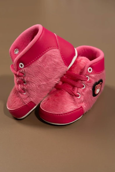 Pembe Peluş Dokulu Ayıcık Aplikeli Kız Bebek İlk Adım Ayakkabısı Koyu Pembe - 6