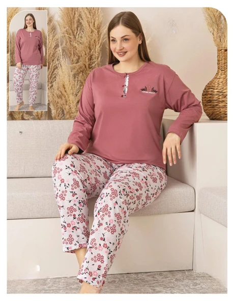 Sude Kadın Büyük Beden Düğme Yaka Penye Uzun Kol İnce Pijama Takımı P135 - 1 Adet  5XL Gül Kurusu