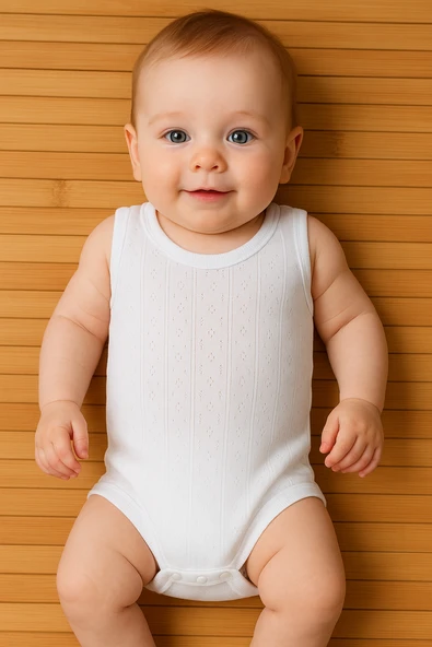 Gözenekli Dokuya Sahip Pamuklu Askılı Bebek Body Beyaz ürün görseli