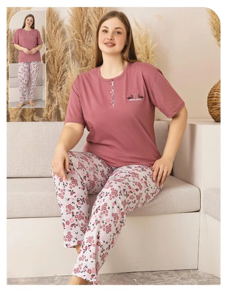 Sude Kadın Büyük Beden Düğme Yaka Penye Kısa Kol İnce Pijama Takımı P134 - 1 Adet  2XL Gül Kurusu