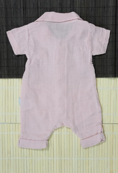 Düğmeli Kısa Kollu Müslin Bebek Tulum Pembe - 2