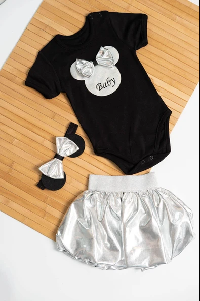 Gümüş Pileli Etekli Siyah Baby Baskılı 3'lü Kız Bebek Takımı - 2