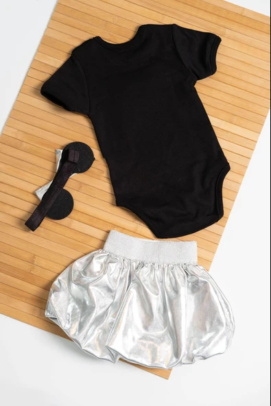 Gümüş Pileli Etekli Siyah Baby Baskılı 3'lü Kız Bebek Takımı - 3