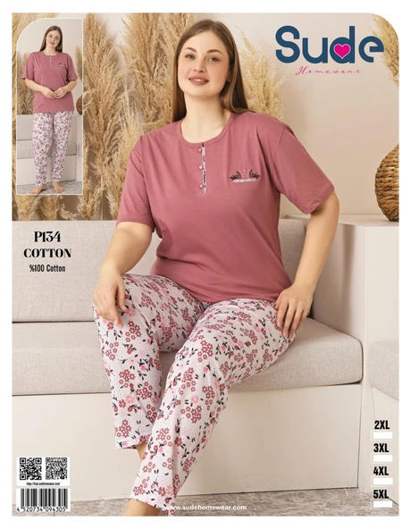 Sude Kadın Büyük Beden Düğme Yaka Penye Kısa Kol İnce Pijama Takımı P134 - 1 Adet  2XL Gül Kurusu - 4