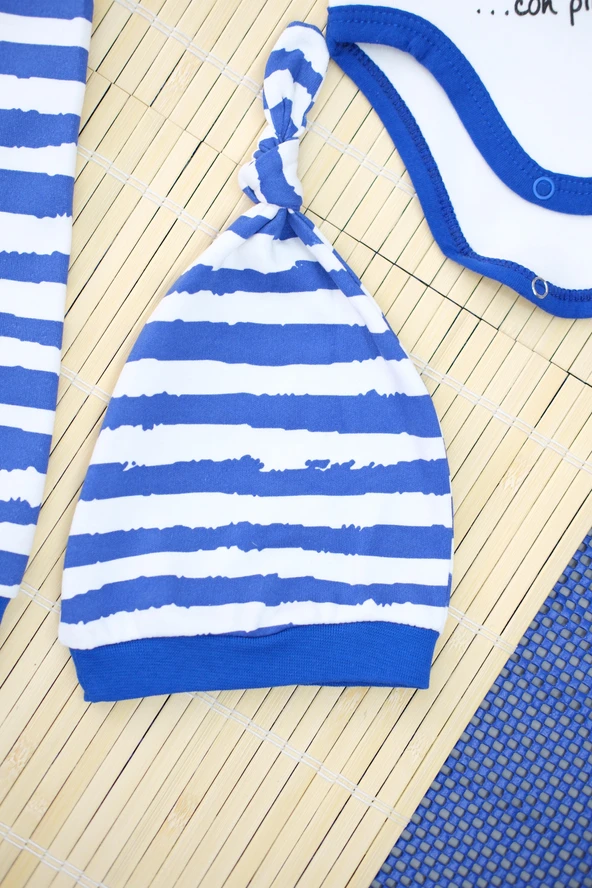 Unisex Penguen Desenli Mavi Çizgili 3'lü Body Bebek Takımı - 6