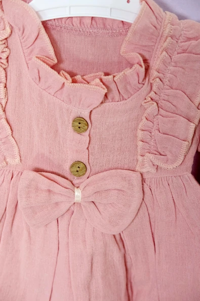 Fırfır Detaylı Uzun Kollu Müslin Elbise Somon - 4