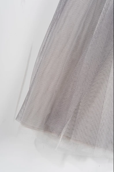 Çiçek Detaylı Tüllü Kız Çocuk Abiye Elbise Gri - Resim 3