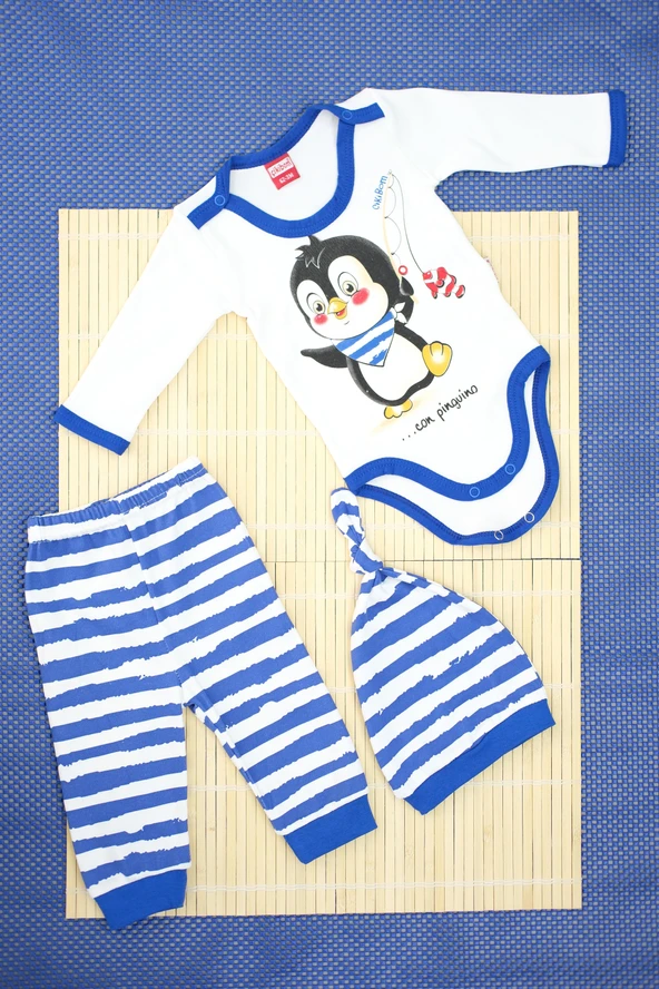 Unisex Penguen Desenli Mavi Çizgili 3'lü Body Bebek Takımı - 2