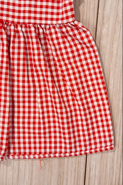 Kırmızı Beyaz Ekoseli Kız Yazlık Elbise Kiraz ve Ponpon Detaylı Askılı Model - 5