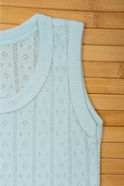 Gözenekli Dokuya Sahip Pamuklu Askılı Bebek Body Mavi - Resim 3