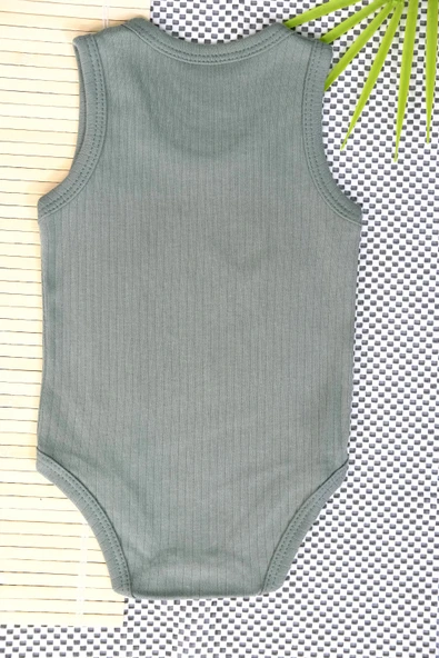 Unisex Bebek Kolsuz Zıbın Ay Üzerinde Kedi ve Kalp Baskılı Ribana Body Haki - 4