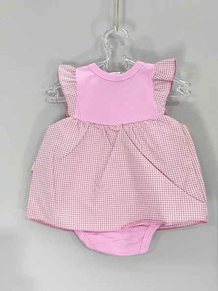 Kareli Etekli Kız Bebek  Body Pembe - 4
