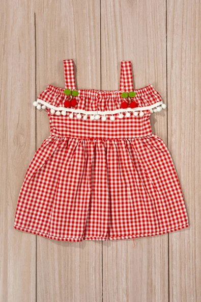 Kırmızı Beyaz Ekoseli Kız Yazlık Elbise Kiraz ve Ponpon Detaylı Askılı Model - 2