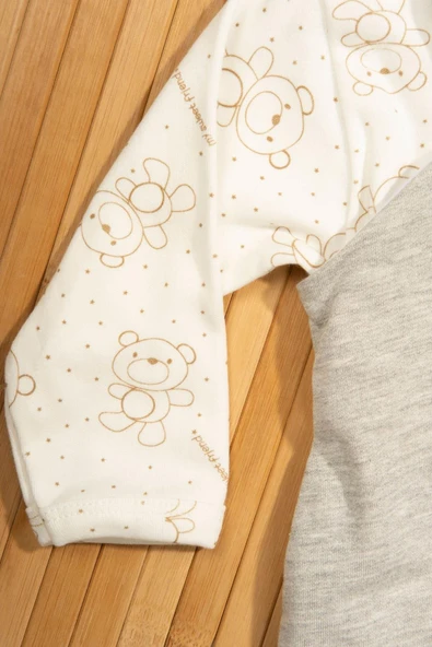 Ayıcık Cepli Salopetli 2'li Bebek Takımı Uzun Kollu Bodyli Gri - 4