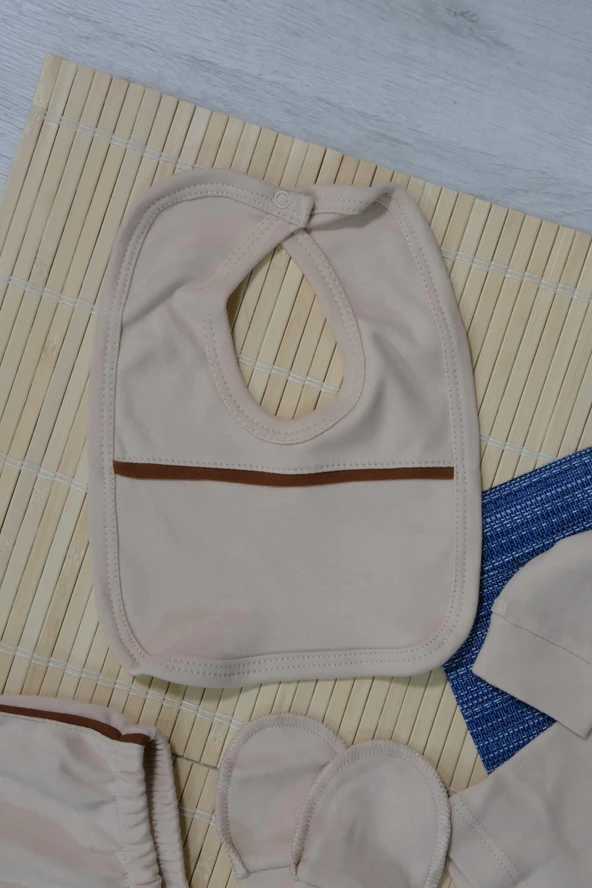 Unisex Ayıcık Desenli 7'li Zıbın Takımı Kahverengi Biyeli Krem - 6