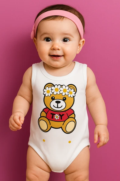 Unisex Baskılı Krem Body Çıtçıtlı Bisiklet Yaka Atlet Kol Beyaz - 1