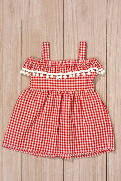 Kırmızı Beyaz Ekoseli Kız Yazlık Elbise Kiraz ve Ponpon Detaylı Askılı Model - 3