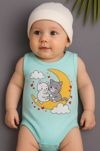 Unisex Baskılı Mavi Body Çıtçıtlı Bisiklet Yaka Atlet Kol