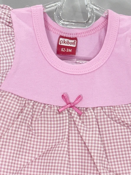 Kareli Etekli Kız Bebek  Body Pembe - 3