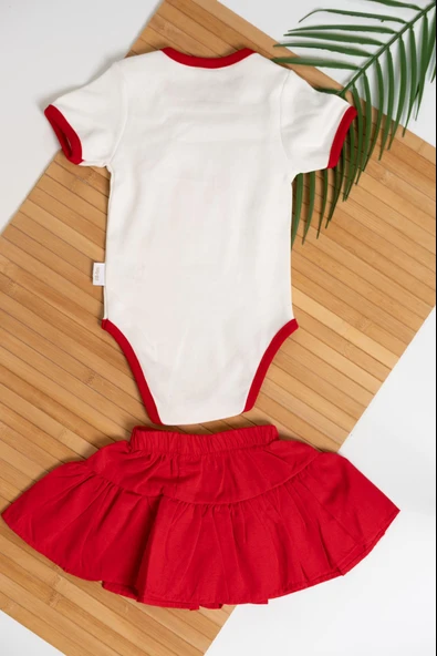 Kırmızı Fırfırlı Etekli Minnie Mouse Baskılı Kız Bebek Body Takımı - 2