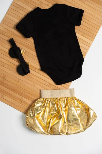 Gold Pileli Etekli Siyah Baby Baskılı 3'lü Kız Bebek Takımı - 3