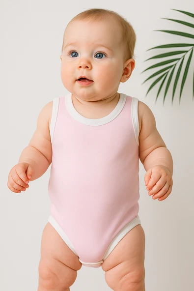Unisex Toz Pembe Body Çıtçıtlı Bisiklet Yaka Atlet Kol Beyaz