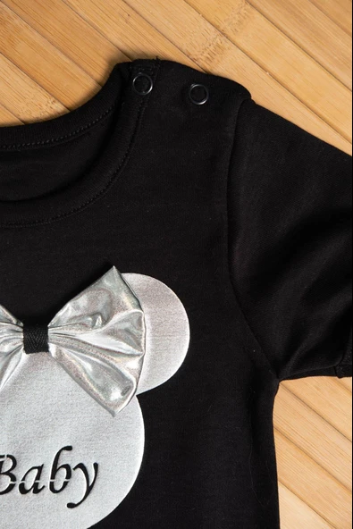 Gümüş Pileli Etekli Siyah Baby Baskılı 3'lü Kız Bebek Takımı - 7