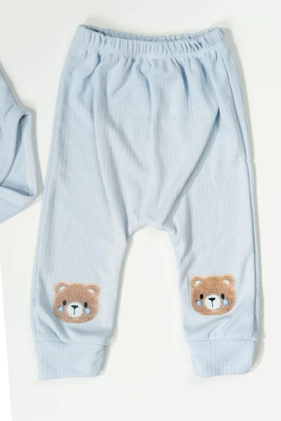 Ayıcık Nakışlı 3'lü Ribana Bebek Takımı Mavi - Resim 3