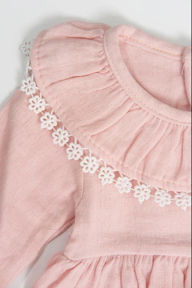 Pudra Rengi Çiçek Dantelli Fırfırlı Uzun Kollu Kız Bebek Elbise Pudra - 4
