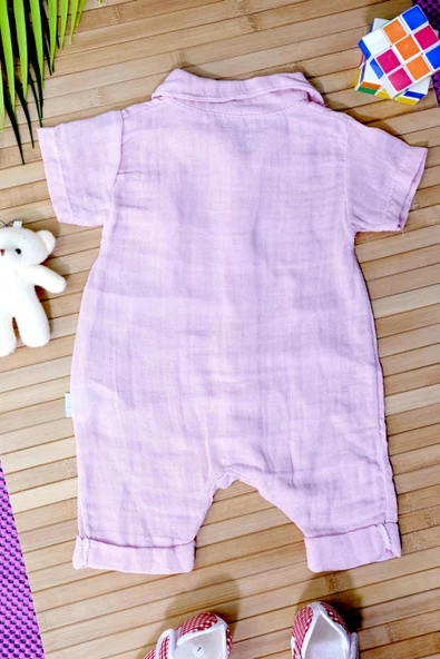 Düğmeli Kısa Kollu Müslin Tulum Pembe - 2