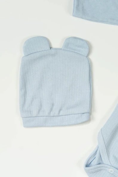 Ayıcık Nakışlı 3'lü Ribana Bebek Takımı Mavi - Resim 4