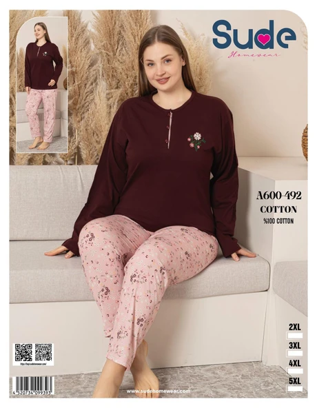 Sude Kadın Büyük Beden Düğme Yaka Penye Uzun Kol İnce Pijama Takımı A600-492 - 1 Adet  2XL Kahverengi - 3