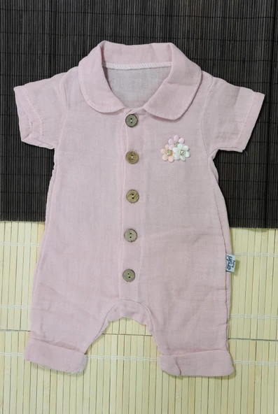 Düğmeli Kısa Kollu Müslin Bebek Tulum Pembe