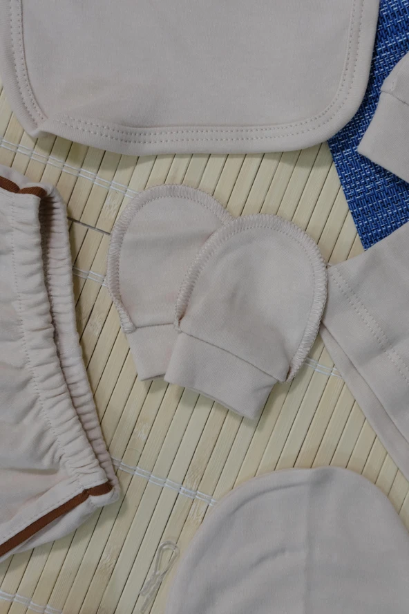 Unisex Ayıcık Desenli 7'li Zıbın Takımı Kahverengi Biyeli Krem - 7