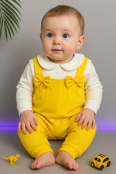 Fiyonklu ÇıtÇıtlı Kız Bebek Tulum Sarı - 1