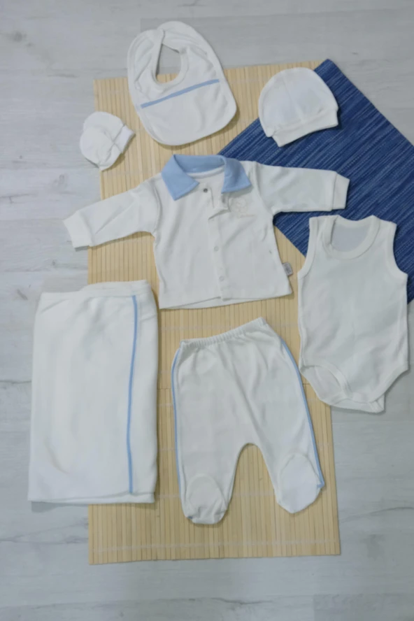 Unisex Ayıcık Desenli 7'li Zıbın Takımı Turkuaz Biyeli Krem