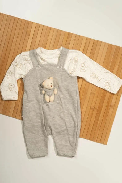 Ayıcık Cepli Salopetli 2'li Bebek Takımı Uzun Kollu Bodyli Gri