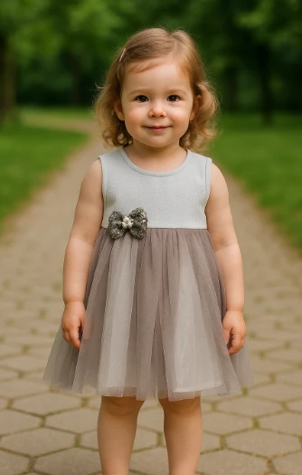 Çiçek Detaylı Tüllü Kız Çocuk Abiye Elbise Gri ürün görseli 1
