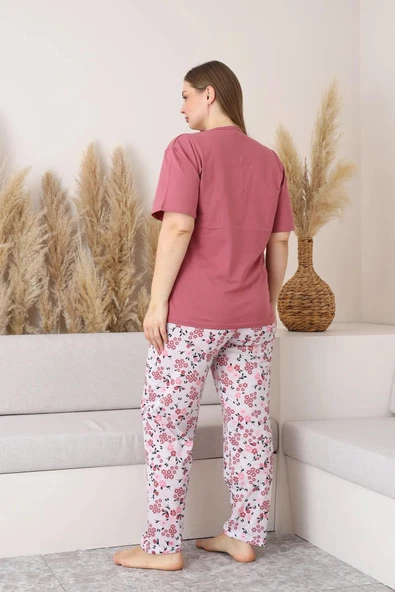 Sude Kadın Büyük Beden Düğme Yaka Penye Kısa Kol İnce Pijama Takımı P134 - 1 Adet  2XL Gül Kurusu - 3