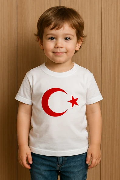 Ay Yıldız Baskılı Beyaz Kısa Kollu Çocuk Tişörtü Beyaz