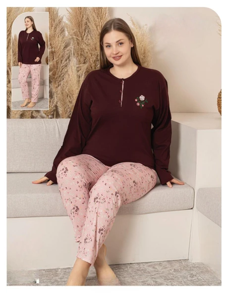 Sude Kadın Büyük Beden Düğme Yaka Penye Uzun Kol İnce Pijama Takımı A600-492 - 1 Adet  5XL Kahverengi ürün görseli