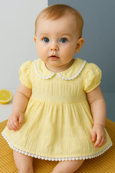 Kız Bebek Limon Sarısı Kısa Kollu Yazlık Elbise Fistolu Yaka  Püskül Sarı