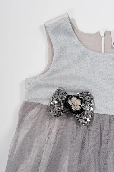 Çiçek Detaylı Tüllü Kız Çocuk Abiye Elbise Gri - Resim 4