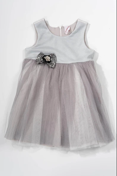 Çiçek Detaylı Tüllü Kız Çocuk Abiye Elbise Gri - Resim 2