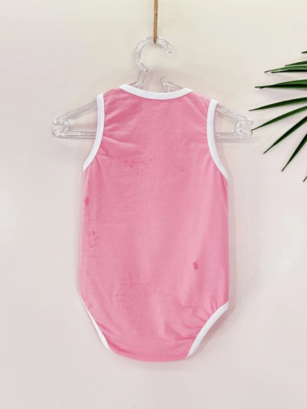 Unisex Baskılı Toz Pembe Body Çıtçıtlı Bisiklet Yaka Atlet Kol Beyaz - Resim 3